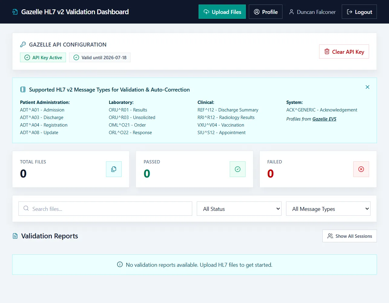 Authenticated HL7 validation dashboard showing API configuration, supported profiles, validation totals, filters, and the reports area