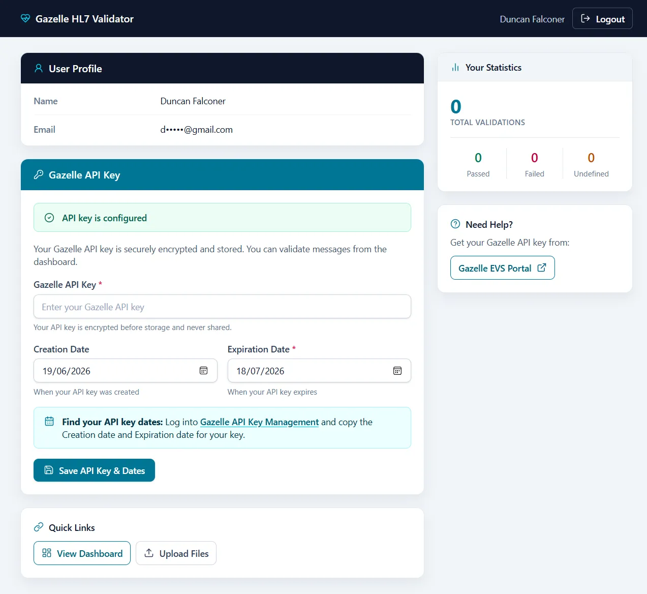 Authenticated user profile showing validation statistics and encrypted Gazelle API-key management, with the email address masked